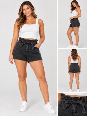 American Eagle Black Paperbag Button Front Mom Denim Shorts 10